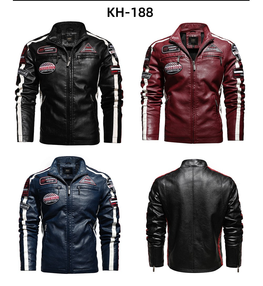 Vintage Motorcycle Jacket Men Fashion New Biker Leather Jacket Male Embroidery Bomber Coat Winter Fleece Pu Overcoat