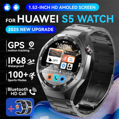 Smartwatch GUHUAVMI GT5 Pro 2025 Masculino com Tela HD AMOLED, GPS, Monitor de Trajetória de Movimento, Frequência Cardíaca, Chamada Bluetooth e 1.52", IP68