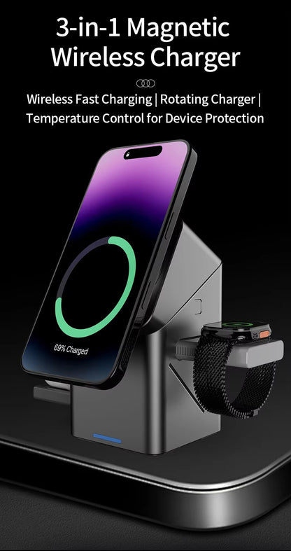 Rotating Magic Wireless Charger 3 in 1 Magnetic for Apple Dock Charger for Iphone 16 15 14 13 Pro Max Iwatch Airpods Charger