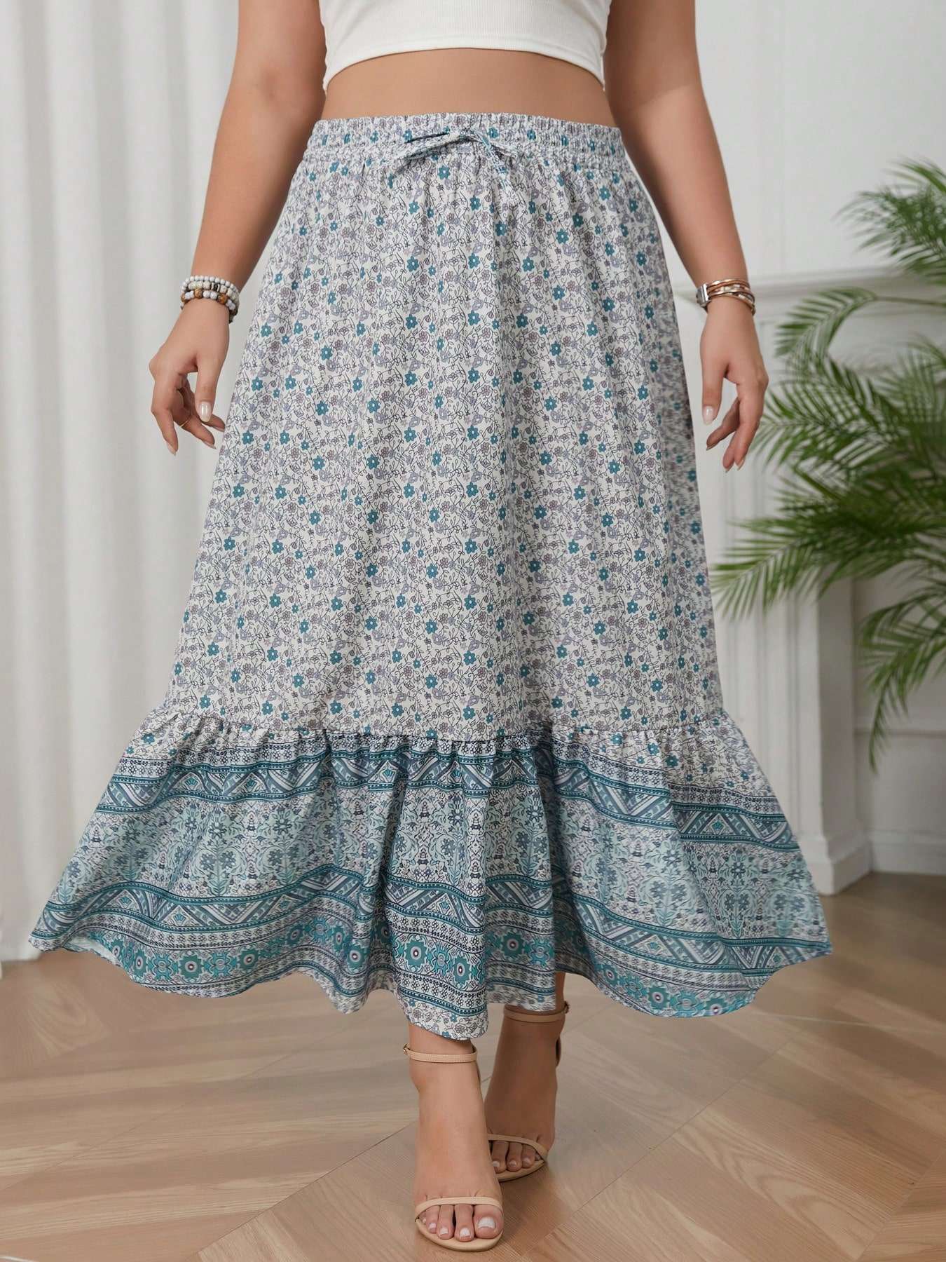 Plus size women's printed holiday style skirt spliced A-line skirt