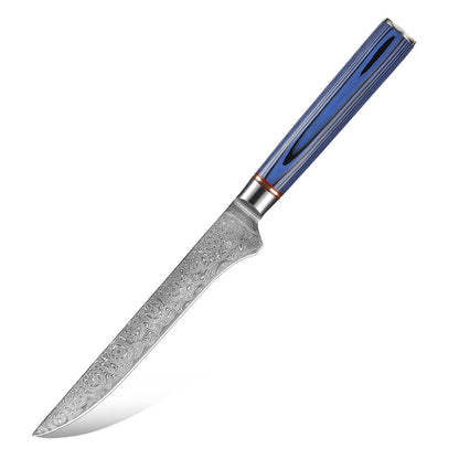 Conjunto de Facas de Cozinha 1-7 Peças, Aço Damasco Ultra Afiado para Chefe, Pão, Santoku, Desossar, Utilitárias, Lâmina com Padrão de Rosa Cabo G10 Azul