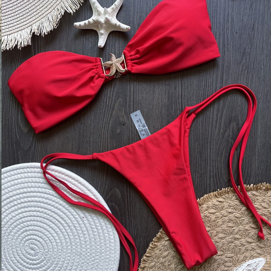 Para Praia 2025 Sexy Push Up Bikini Women Swimwear Metal Starfish Bandeau Thong Bikini Brazilian Swimsuit Female Bathing Suit