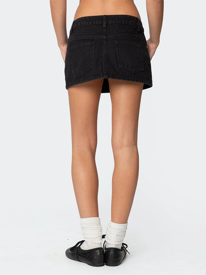 Womens Denim Mini Skirt Y2k Vintage Low Rise Jean Skirt Sexy Going Out A-Line Pencil Bodycon Short Skirt with Pockets