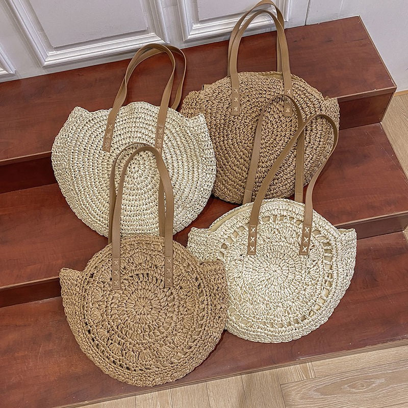 Summer Round Straw Bags for Women Rattan Shoulder Bag Travel Handmade Woven Beach Handbags Female Large Capacity Totes Bag