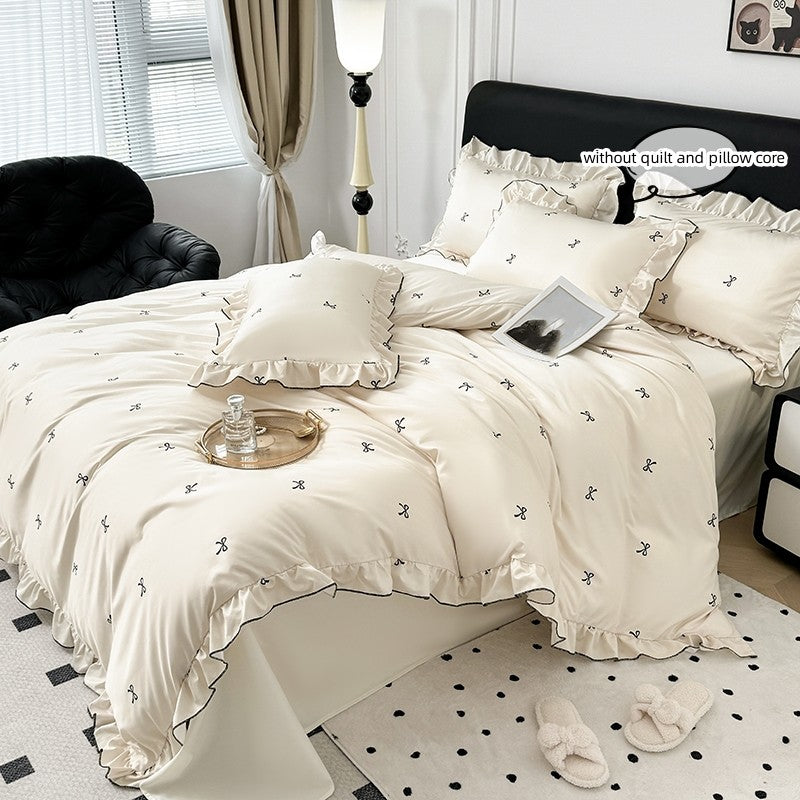 Conjunto de capa de edredom coreana de renda 3 peças (1*Capa de Edredom + 2*Fronhas, Sem enchimento), Conjunto de cama com estampa de bolinhas pretas