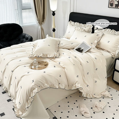 Conjunto de capa de edredom coreana de renda 3 peças (1*Capa de Edredom + 2*Fronhas, Sem enchimento), Conjunto de cama com estampa de bolinhas pretas