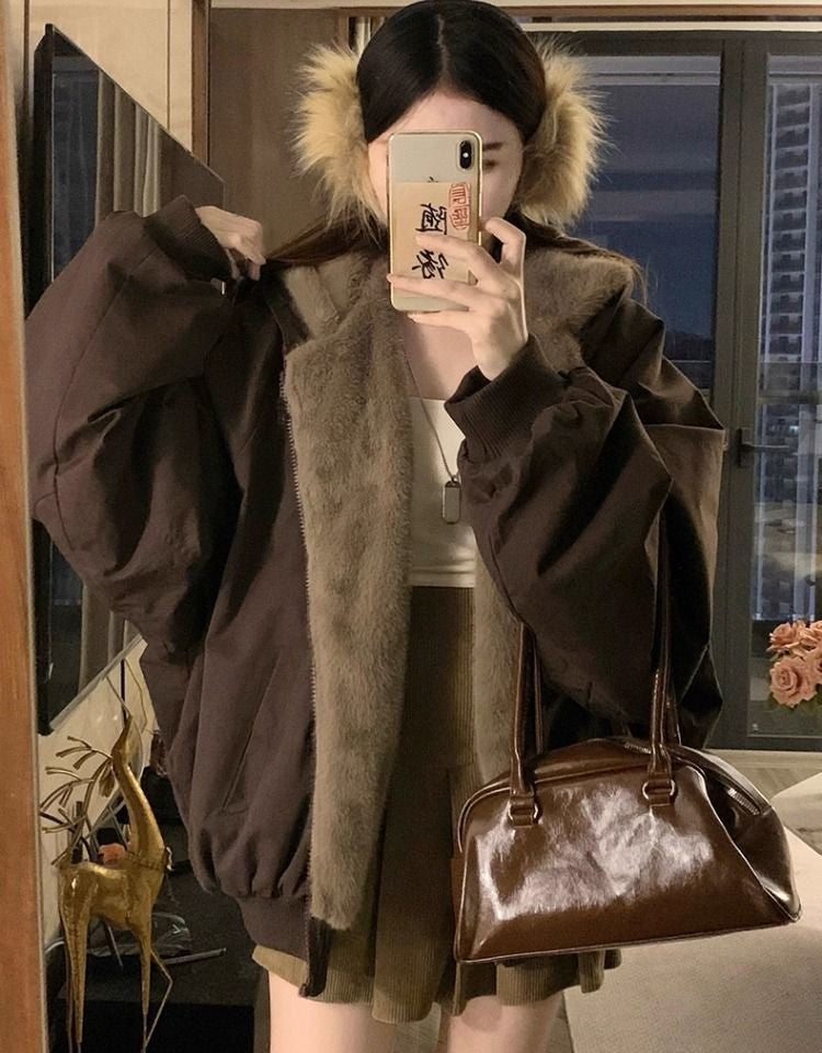 American Retro Reversible Velvet Zipper Hooded Jacket Women Winter Fashion Street Thick Loose Warm Harajuku Casual Plush Jacket