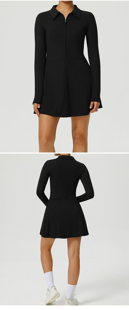 Yoga Long Sleeved Dress Women's Long Sleeved Zipper Skirt Breathable Gym Outdoor Running Yoga Tennis Skirt Quick-Dry Tracksuits.