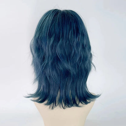 Peruca Curta Sintética Ondulada Azul Mullet Head com Franja, Resistente ao Calor, Fofa, Estilo Lolita, para Cosplay, Festas e Uso Diário