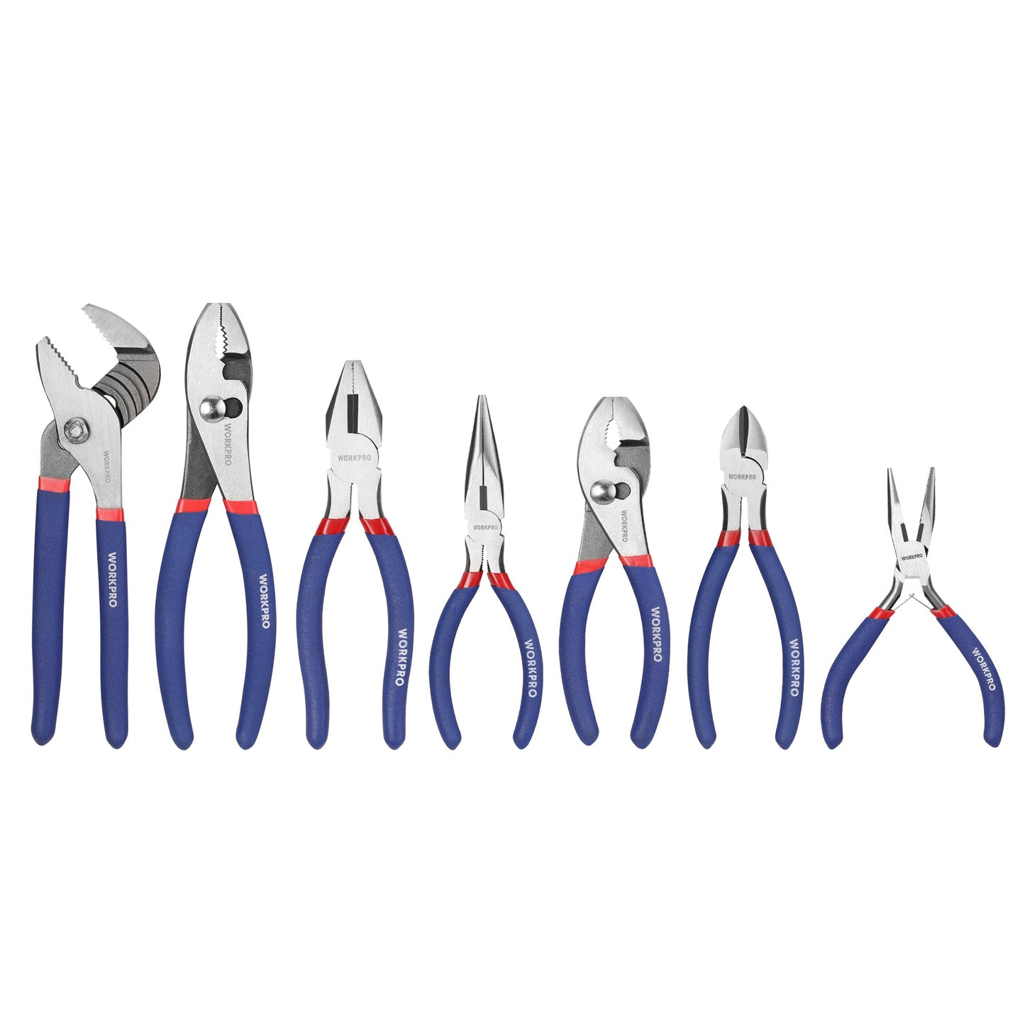 Conjunto de Alicates WORKPRO com 7 Peças (Bico Reto, Bico Longo, Universal, Eletricista e Corte Diagonal) para Trabalhos Manuais