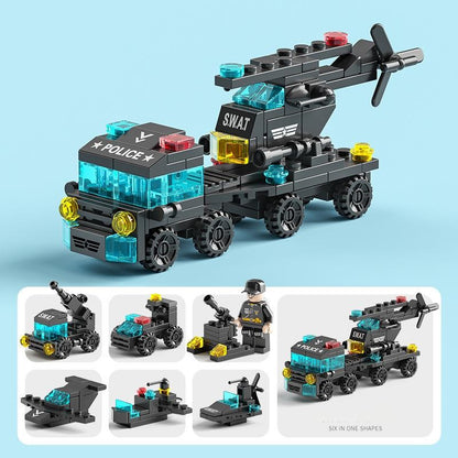 6 in 1 Mega City Building Set - Police Car, Fire Truck, Crane, Tank, Helicopter & More, Construction Engineering Toys Gift