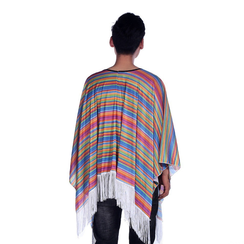 Ethnic Cloak Mexican Costume Halloween Rainbow Stripe Mexican Style Cloak Cape Dress-up Cosplay Mexican Poncho Festival Party