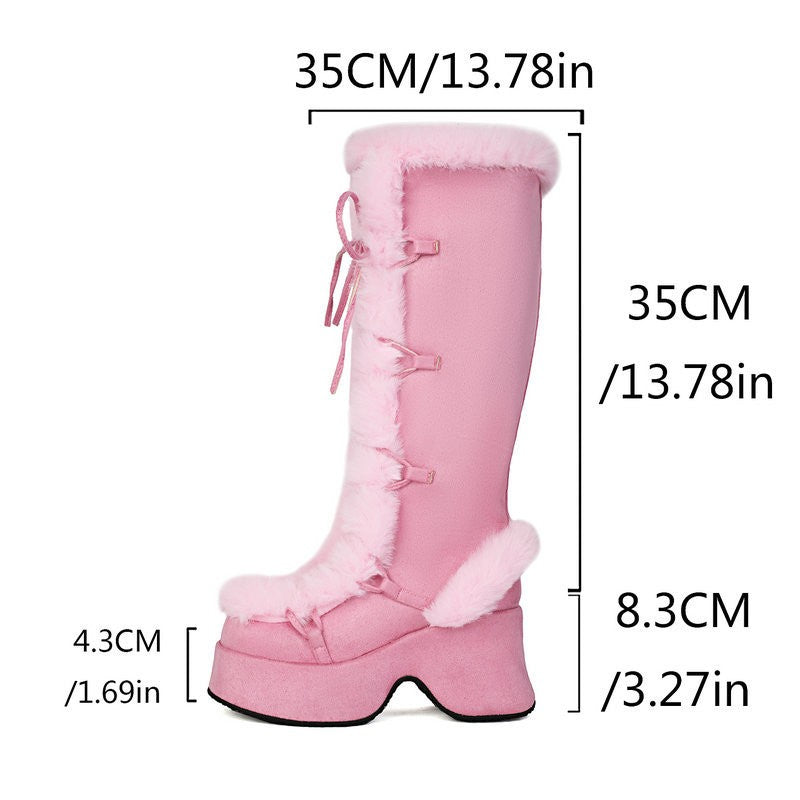 8CM Chunk Heels Winter Warm Knee High Boots Women Snow Short Plush Platform Boots Faux Fur Cosplay Lace-up Long Shoes Size 34-43