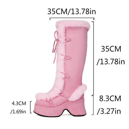 8CM Chunk Heels Winter Warm Knee High Boots Women Snow Short Plush Platform Boots Faux Fur Cosplay Lace-up Long Shoes Size 34-43
