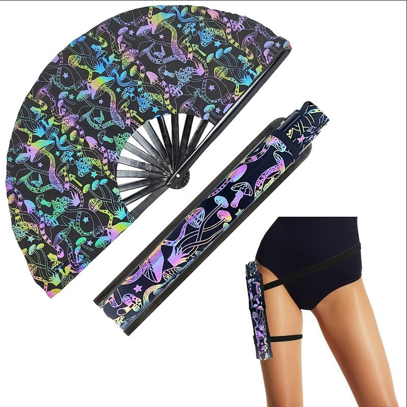 33 CM Bright Flash Reflective Glitter Folding Hand Fan with Holster, Mushroom Folding Fan for Raves Music Festivals, Carnivals