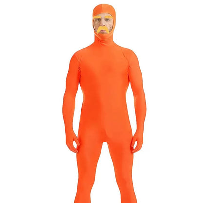 Halloween Orange Zentai Suit Open Face Full Body Bodysuit with Yellow Mustache Eyebrow for Adult Kid Cosplay Party Costume
