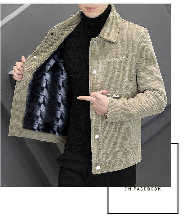 Men's Fleece-Lined Thickened Warm Casual Jacket New Turn-Down Collar Trendy Short Wool Coat Woolen Overcoat