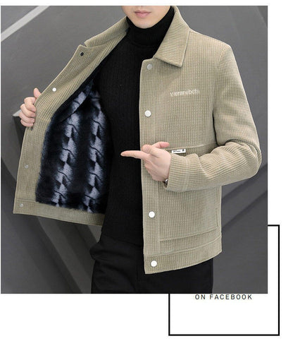 Men's Fleece-Lined Thickened Warm Casual Jacket New Turn-Down Collar Trendy Short Wool Coat Woolen Overcoat