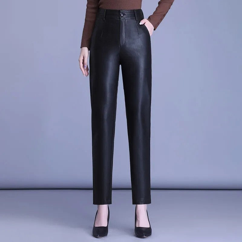 2023 Spring Autumn Sheepskin Pants Women High-waist Straight Pants Slim Lady Genuine Leather Casual Trousers Ankle-Length Pants