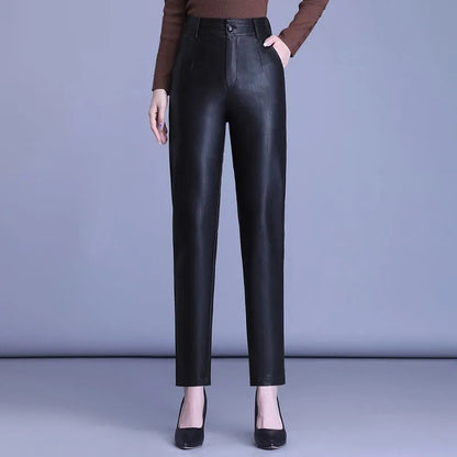 2023 Spring Autumn Sheepskin Pants Women High-waist Straight Pants Slim Lady Genuine Leather Casual Trousers Ankle-Length Pants