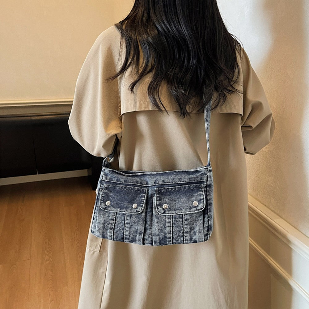 Vintage Washed Canvas Fashionable Bag, Women's Crossbody Bag, Large Capacity Commuting Casual Denim Shoulder Bag