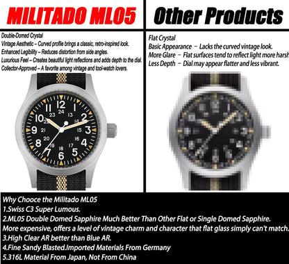Militado Ml05 Vintage Field Watch VH31 Sweep Second Quartz Movement Sapphire Crystal High Clear AR Coating Luminous 38Mm Watches