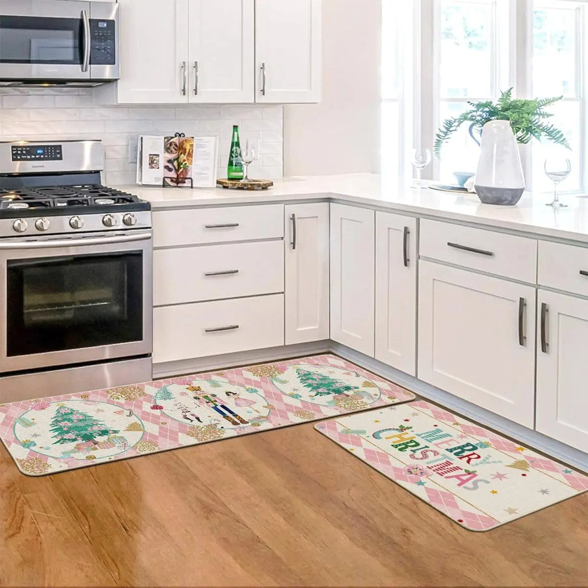 VIKAMA 2pcs Christmas Kitchen Rug - Nutcracker Christmas Happy Mat - Slip-Resistant And Easy To Clean - Home Decoration