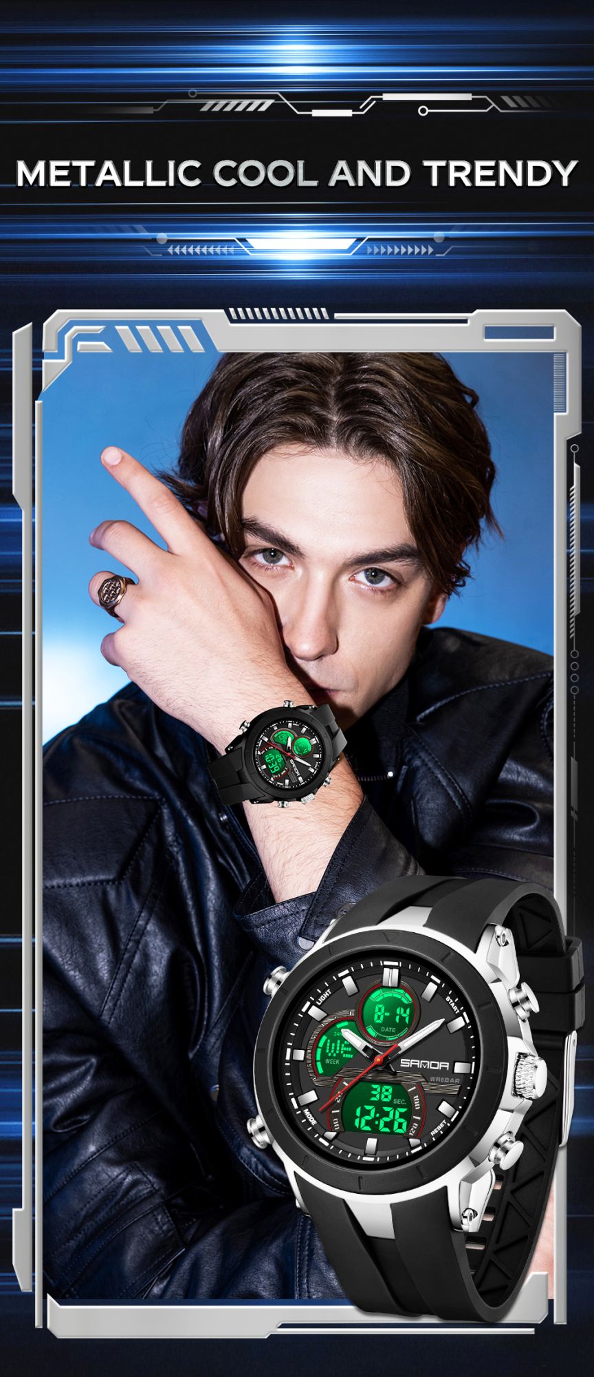 SANDA Mens Watches Countdown Waterproof Alarm Clock Wristwatch Multifunctional Luminous Men Quartz Digital Watch Alarm Clock