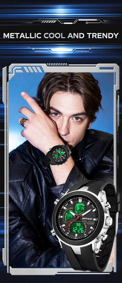 SANDA Mens Watches Countdown Waterproof Alarm Clock Wristwatch Multifunctional Luminous Men Quartz Digital Watch Alarm Clock