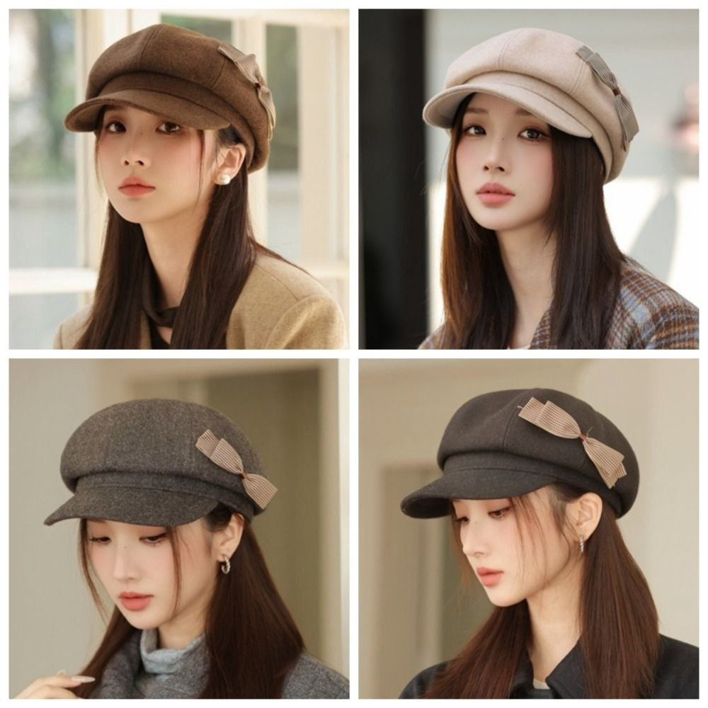 Retro Wool Bow Beret Solid Color Warm Painter Hat Versatile Y2k Newsboy Hat Female