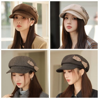 Retro Wool Bow Beret Solid Color Warm Painter Hat Versatile Y2k Newsboy Hat Female