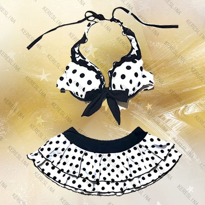 Summer Y2K Harajuku Kawaii Polka Dot Bowknot Women's Bikini Set Streetwear Fashion Casual 2000s Aesthetic Sexy Women's Skirt emo
