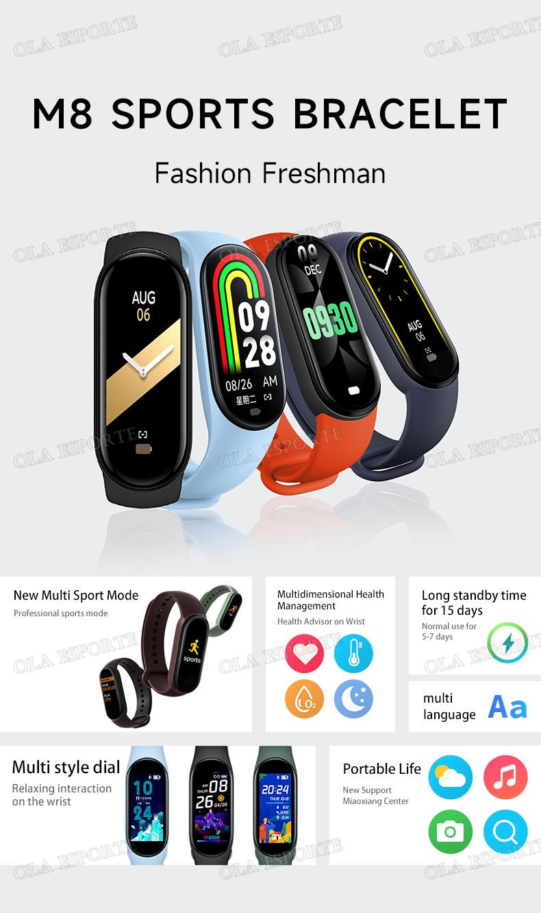 For Sports Smart Watch Music Control Fitness Calorie Track Bracelet Phone Message Remind Steps BT SmartWatch M8 Band