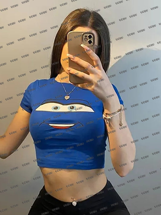 2025 Summer New Lightning Mcqueen Print T-shirt For Women Short Sleeve Crop Top Streetwear O-neck Tees Vintage Casual Y2k Tops