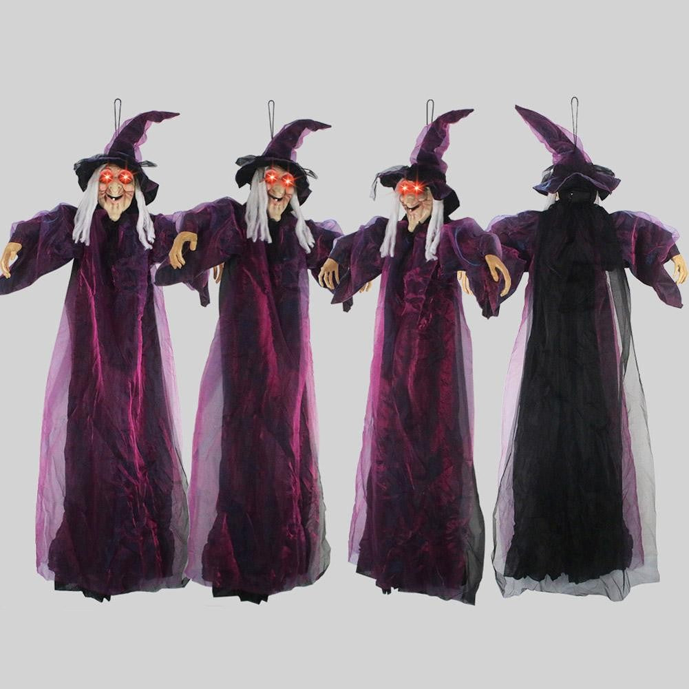 Bruxa Falante em Tamanho Real de Halloween Roxo Assustador Decoração Gritante Controlada por Voz com Olhos Brilhantes
