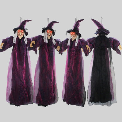 Bruxa Falante em Tamanho Real de Halloween Roxo Assustador Decoração Gritante Controlada por Voz com Olhos Brilhantes