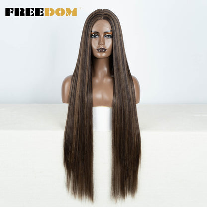 Peruca frontal de renda sintética FREEDOM para mulheres, 38 polegadas, longa, lisa, ombré, marrom, vermelho, gengibre, destaque, perucas frontais de renda, peruca de cosplay