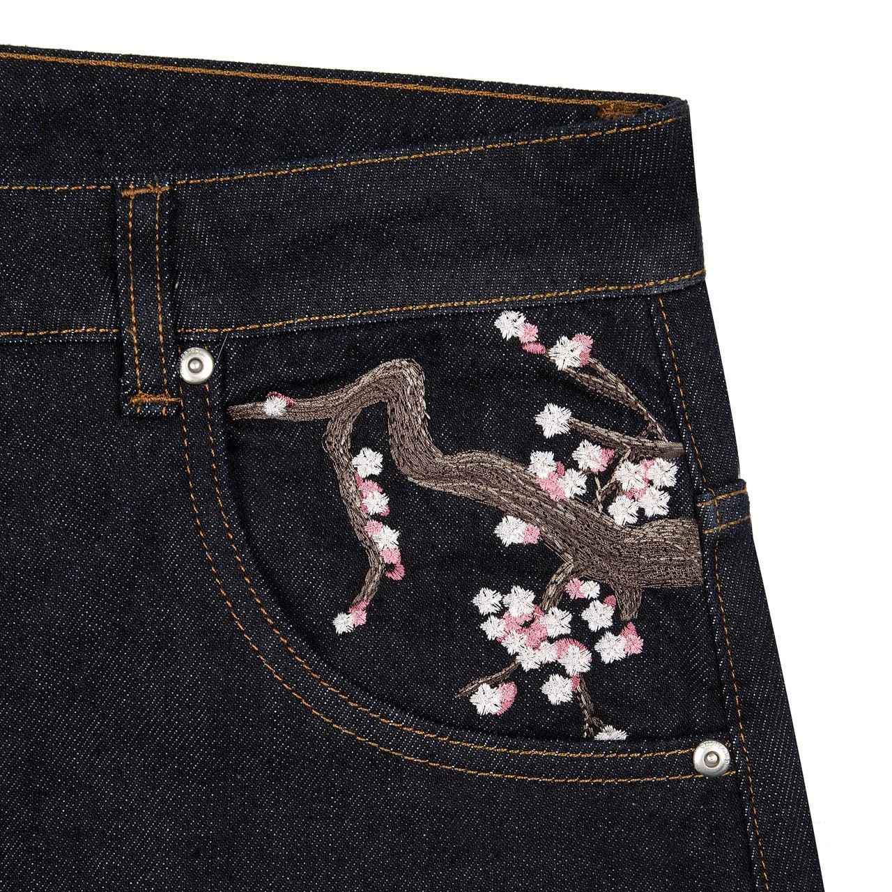 Calça Jeans Y2k Retrô Masculina Casual Larga Reta Wide Leg de Alta Qualidade Streetwear Hiphop com Bordado de Flor de Cerejeira na Bainha