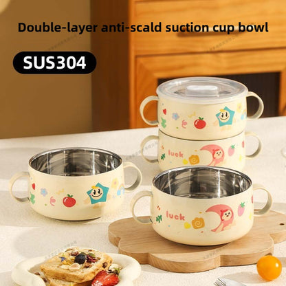 304 Stainless Steel Baby Bowl with Lid Double Handle Kids Feeding Bowl Anti-Scald Toddler Tableware Food Soup Bowl for Infants