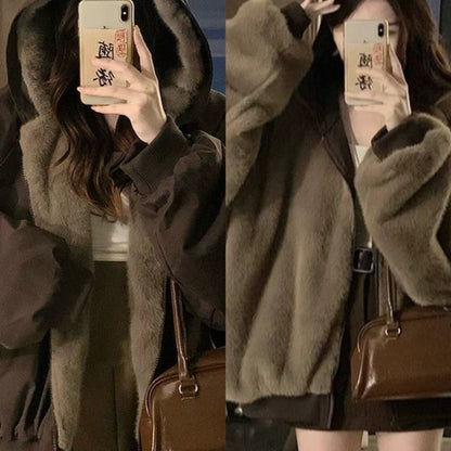 American Retro Reversible Velvet Zipper Hooded Jacket Women Winter Fashion Street Thick Loose Warm Harajuku Casual Plush Jacket