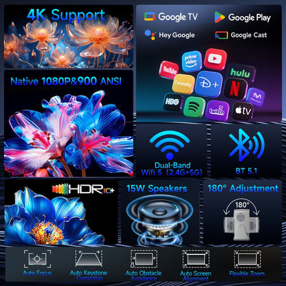 Projetor Magcubic HY350MAX GT 900 ANSI com Google TV, projetor nativo 1080p, foco automático, portátil, Android, home theater