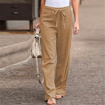 2025 Autumn Women's Summer Elastic Waist Pure Cotton Hemp Strap Loose Pants