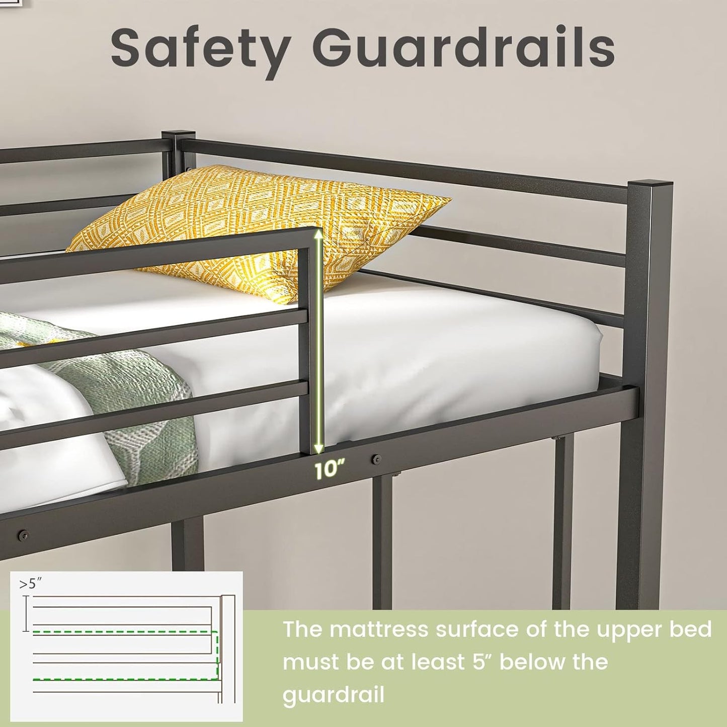Metal Bunk Bed Twin Over Twin, Low Profile Bunk Bed Frame with Ladder & Full Length Guardrail, Space-Saving Twin Size Be