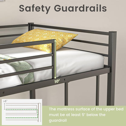 Metal Bunk Bed Twin Over Twin, Low Profile Bunk Bed Frame with Ladder & Full Length Guardrail, Space-Saving Twin Size Be