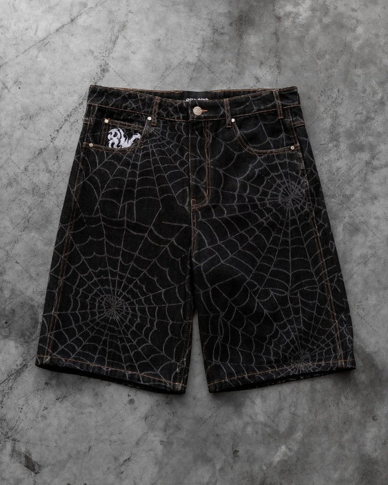 2025 New Street Hip-hop Retro Spider Web Fashion Loose Denim Shorts Men American Harajuku Y2K Casual Punk Straight Pants Women