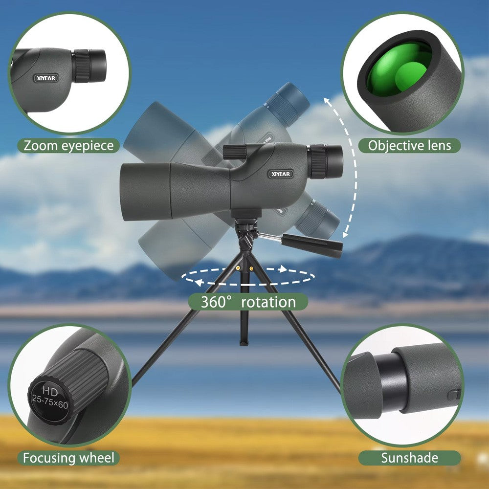 Telescópio Monocular 25-75x60 com Zoom Potente, FMC BAK4, Impermeável, para Observação de Pássaros e Tiro ao Alvo com Tripé
