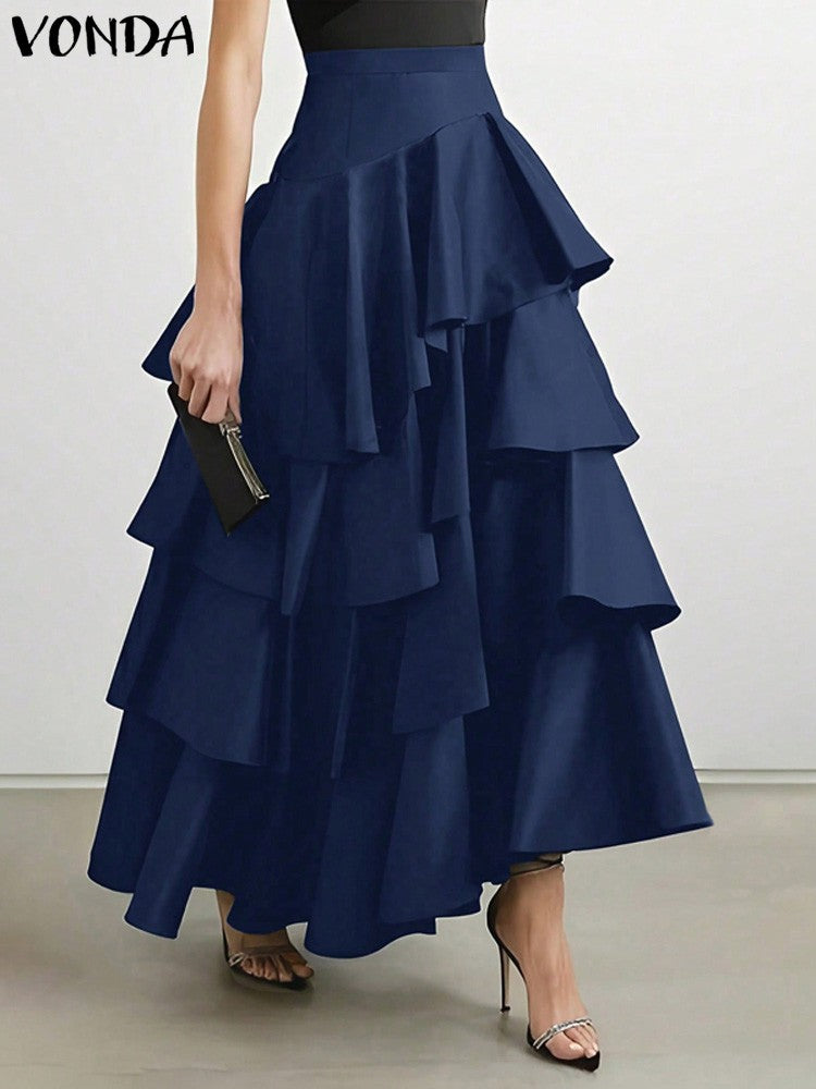VONDA Plus Size Women Party Skirt 2024 Street High Waist Fashion Multi Layered Ruffled Hem Long Maxi Skirts Elegant Swing Bottom