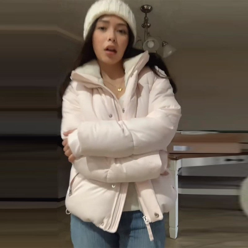 Pink Women's Jacket With Hat Zipper Pockets Inner Faux Fur Solid Female Jackets 2025 Autumn Winter Fashion Chic Lady Outwears