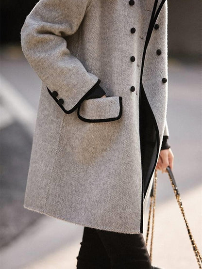 Onecozyday Women's Grey Double Breasted Coat Notched Collar Long Sleeves Loose Fit Outerwears 2025 Fall New Tweed Coats