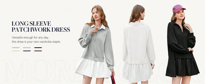 Fisoew Womens Grunge Aesthetic Dress Long Sleeve V Neck Oversized Pullover Loose Fit Mini Tennis Dress Y2K Style